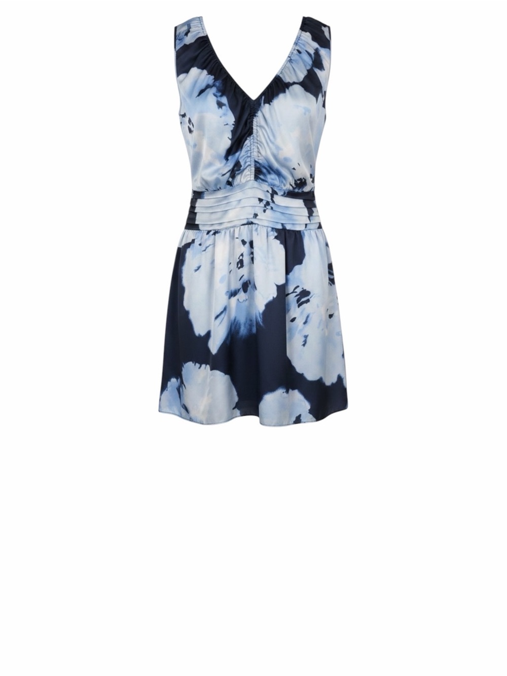 Ramy Brook Ashlynn Satin Watercolor Sleeveless VNeck Tucked Waistband Mini Dress